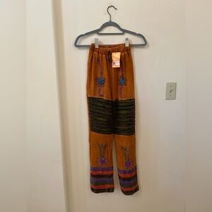KPC 100% Cotton Boho Embroidered Girls Pants Size M Rust Brown Floral & Appliqué